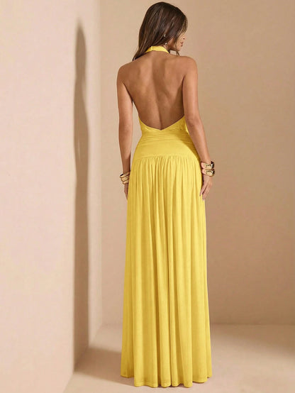 BAE Women's Yellow Summer Seductive Tropical Cocktail Halter Neck Ruched Backless Maxi High Slit Elegant Dress,Suitable For Formal Party Evening Gown