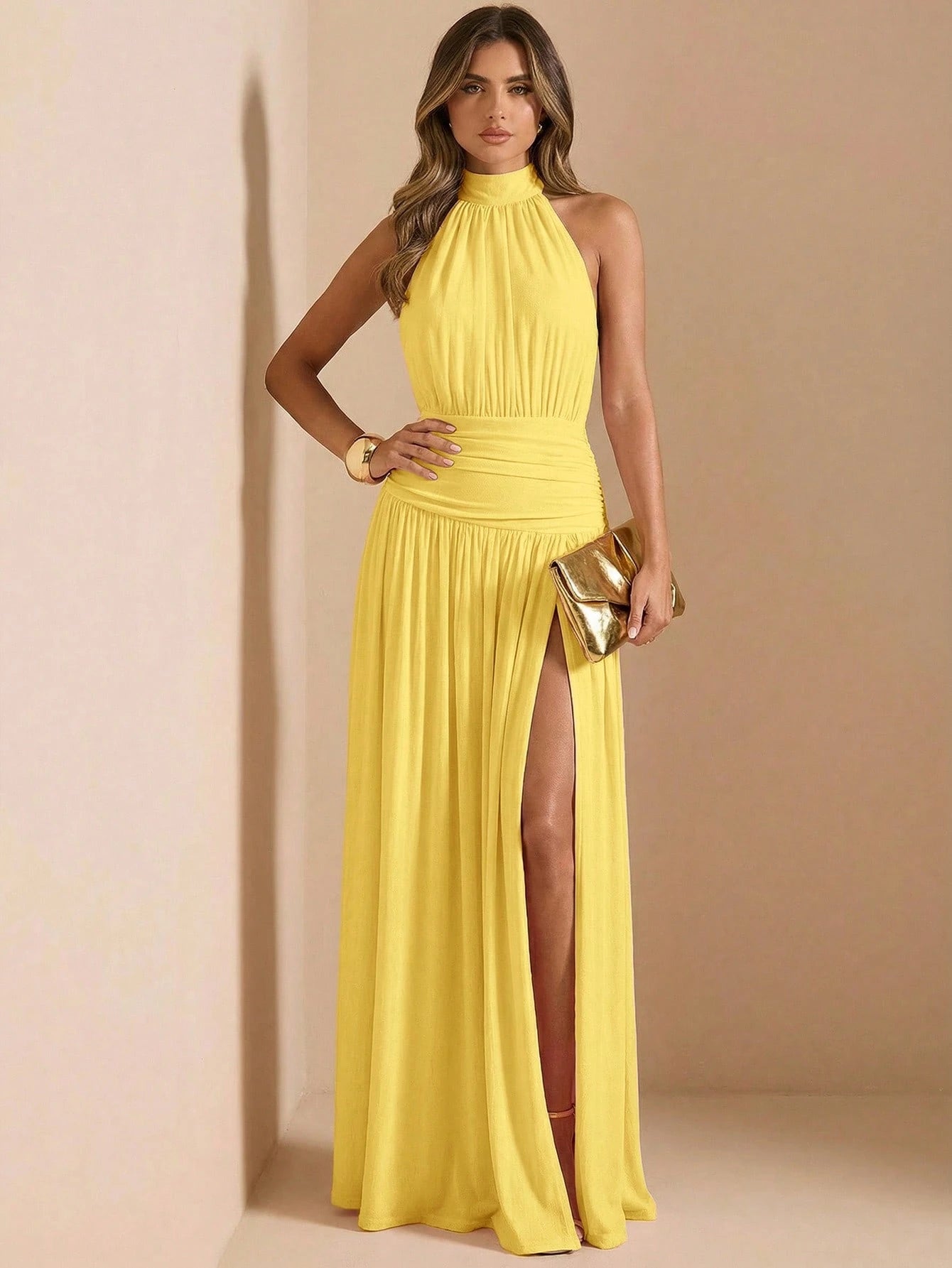 BAE Women's Yellow Summer Seductive Tropical Cocktail Halter Neck Ruched Backless Maxi High Slit Elegant Dress,Suitable For Formal Party Evening Gown