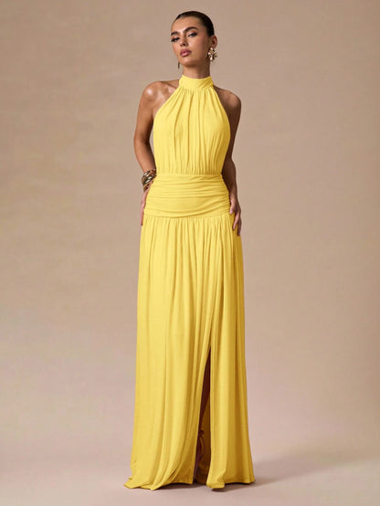 BAE Women's Yellow Summer Seductive Tropical Cocktail Halter Neck Ruched Backless Maxi High Slit Elegant Dress,Suitable For Formal Party Evening Gown
