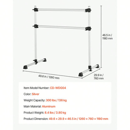 Ballet Barre, 4 Ft Aluminum Double Barre Bar For Home, Freestanding Portable Ballet Stretching Dance Bars, Height Adjustable Anti-Wobble Fitness Studio Equipment, For Pilates Balance Workout