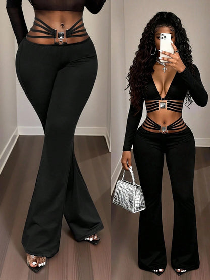 BamGleam Extra Long Black Knitted Flare Leg Women Pants With Stylish Ring Detail Plain Casual Design