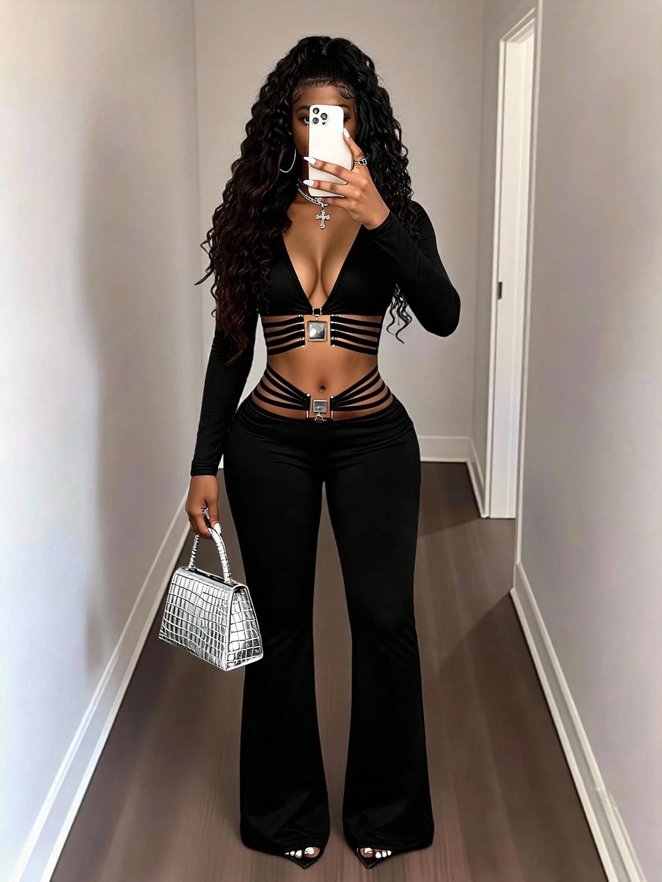 BamGleam Extra Long Black Knitted Flare Leg Women Pants With Stylish Ring Detail Plain Casual Design