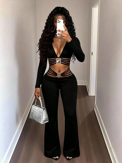 BamGleam Extra Long Black Knitted Flare Leg Women Pants With Stylish Ring Detail Plain Casual Design