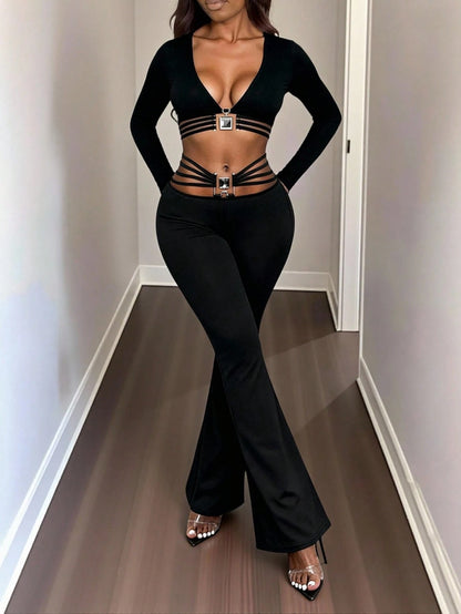 BamGleam Extra Long Black Knitted Flare Leg Women Pants With Stylish Ring Detail Plain Casual Design