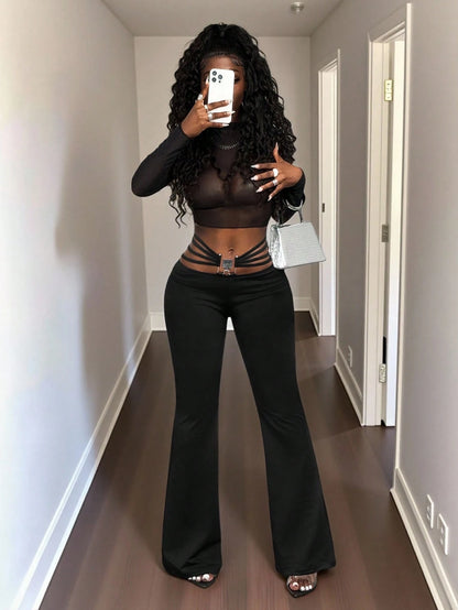 BamGleam Extra Long Black Knitted Flare Leg Women Pants With Stylish Ring Detail Plain Casual Design