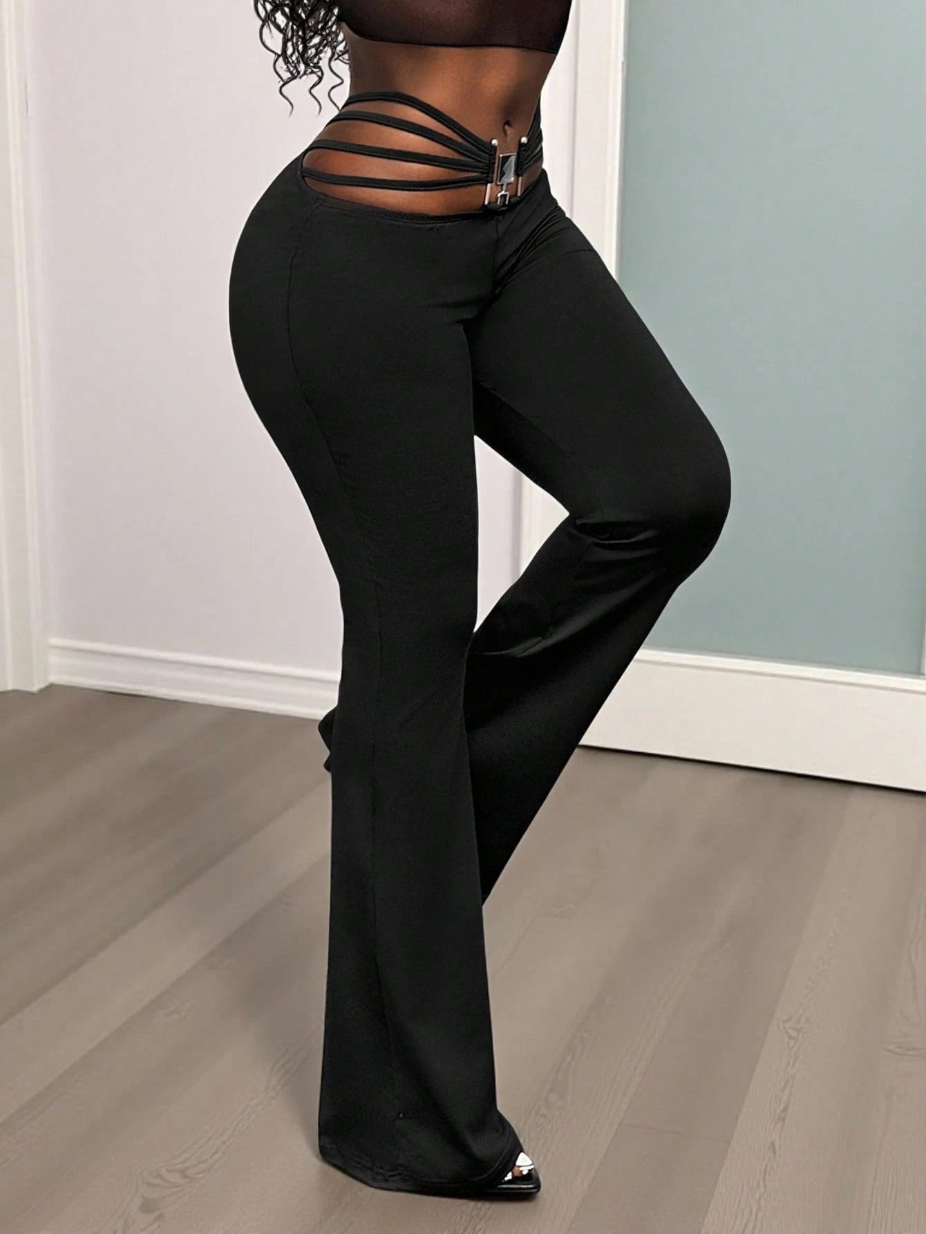 BamGleam Extra Long Black Knitted Flare Leg Women Pants With Stylish Ring Detail Plain Casual Design