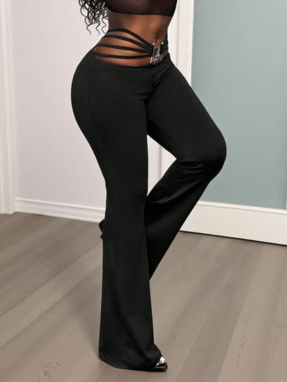 BamGleam Extra Long Black Knitted Flare Leg Women Pants With Stylish Ring Detail Plain Casual Design