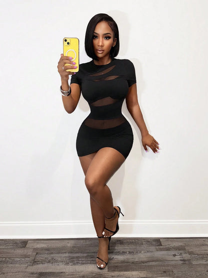 BamGleam Women's Black Round Neck Short Sleeve Bodycon Mini Dress,Summer Techno Club Rave Sheer Mesh Panel Knitted Layered Asymmetrical Party Dress