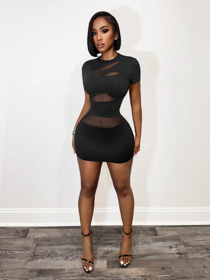 BamGleam Women's Black Round Neck Short Sleeve Bodycon Mini Dress,Summer Techno Club Rave Sheer Mesh Panel Knitted Layered Asymmetrical Party Dress