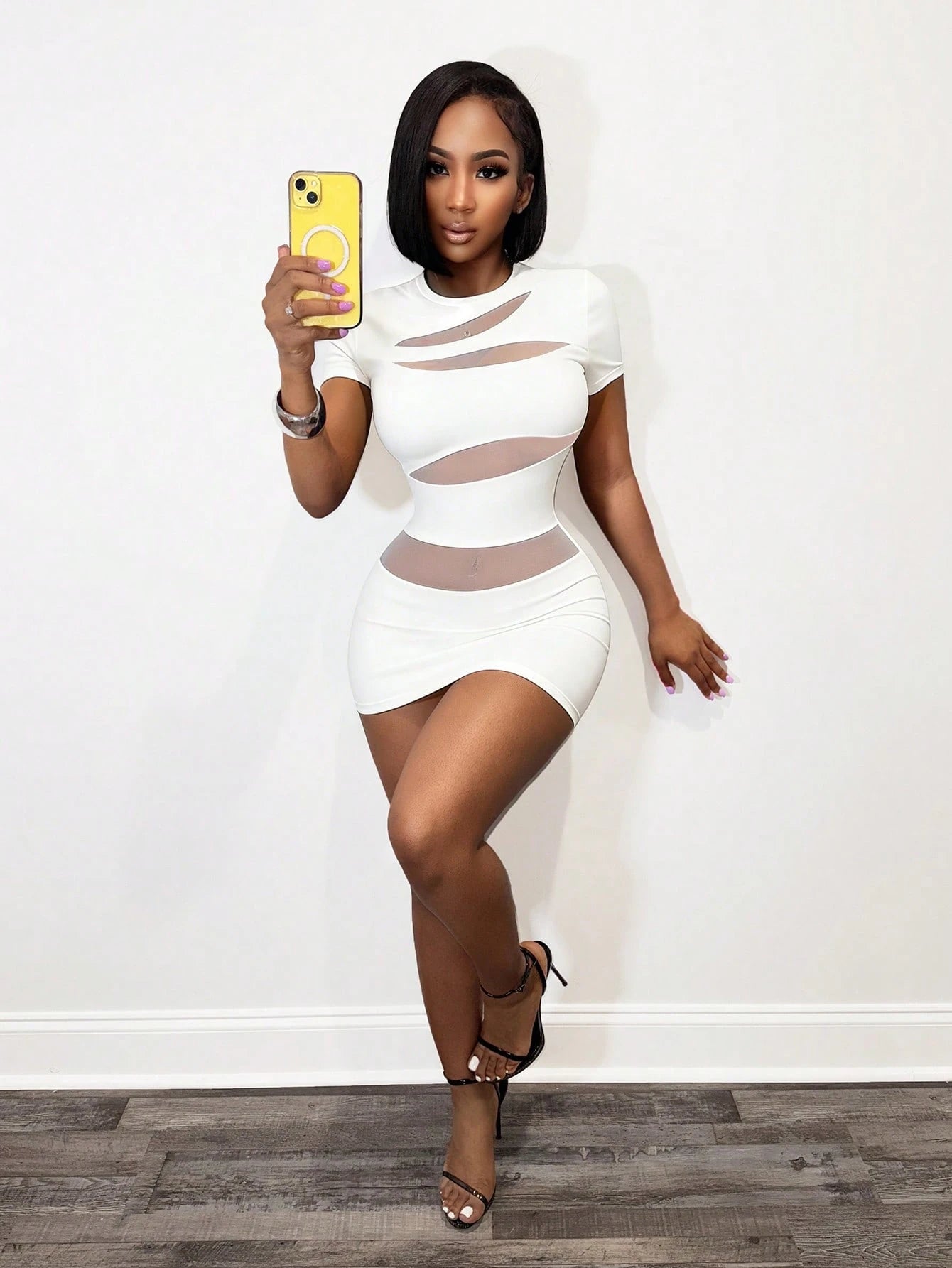 BamGleam Women's Black Round Neck Short Sleeve Bodycon Mini Dress,Summer Techno Club Rave Sheer Mesh Panel Knitted Layered Asymmetrical Party Dress