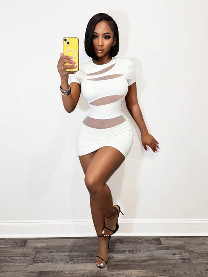 BamGleam Women's Black Round Neck Short Sleeve Bodycon Mini Dress,Summer Techno Club Rave Sheer Mesh Panel Knitted Layered Asymmetrical Party Dress