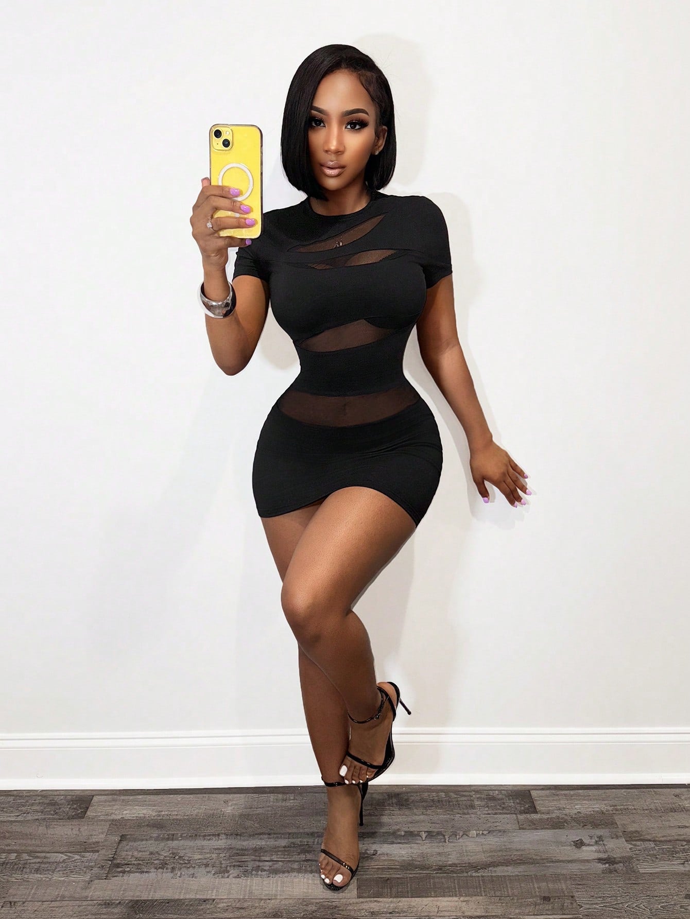 BamGleam Women's Black Round Neck Short Sleeve Bodycon Mini Dress,Summer Techno Club Rave Sheer Mesh Panel Knitted Layered Asymmetrical Party Dress