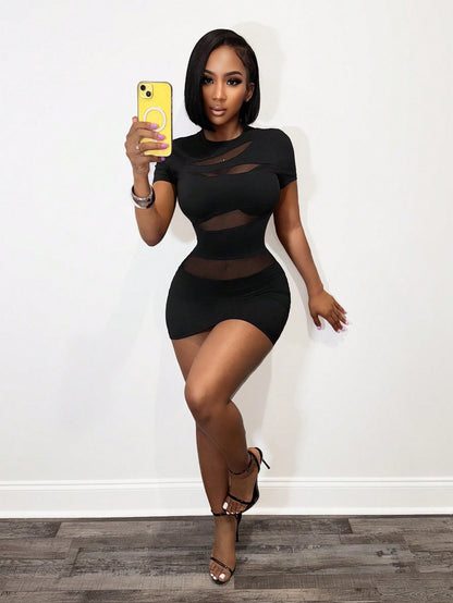 BamGleam Women's Black Round Neck Short Sleeve Bodycon Mini Dress,Summer Techno Club Rave Sheer Mesh Panel Knitted Layered Asymmetrical Party Dress