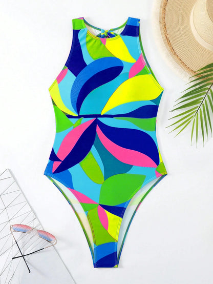 BamGleam Women's Round Neck Sleeveless Printed Fitted One-Piece Summer
