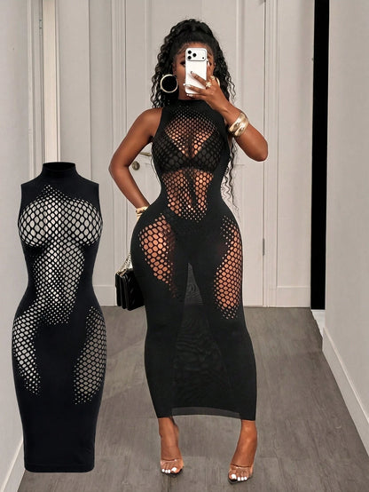BamGleam Women's Stand Collar Sleeveless Hollow Out Design Sexy Mesh Dress Going Out Black Summer