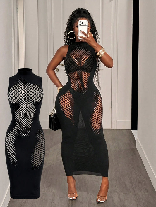 BamGleam Women's Stand Collar Sleeveless Hollow Out Design Sexy Mesh Dress Going Out Black Summer