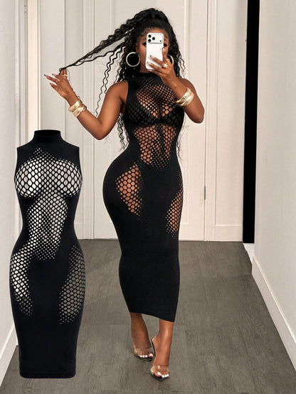 BamGleam Women's Stand Collar Sleeveless Hollow Out Design Sexy Mesh Dress Going Out Black Summer