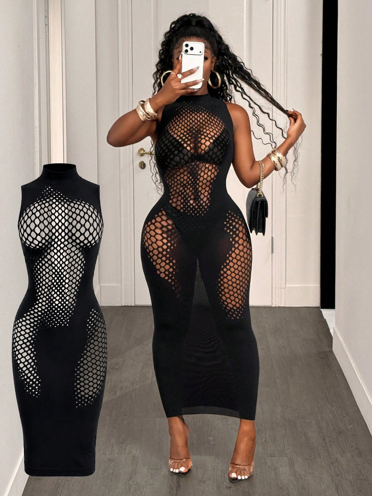 BamGleam Women's Stand Collar Sleeveless Hollow Out Design Sexy Mesh Dress Going Out Black Summer