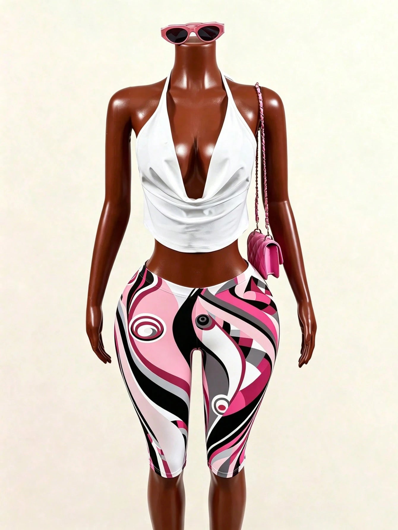 BamGleam Women's Summer Sports Geometric Multi-Color Print Low Waist Elastic Tummy Control Butt Lift Slim Fit Casual Y2k Daily Going Out Capri Pants