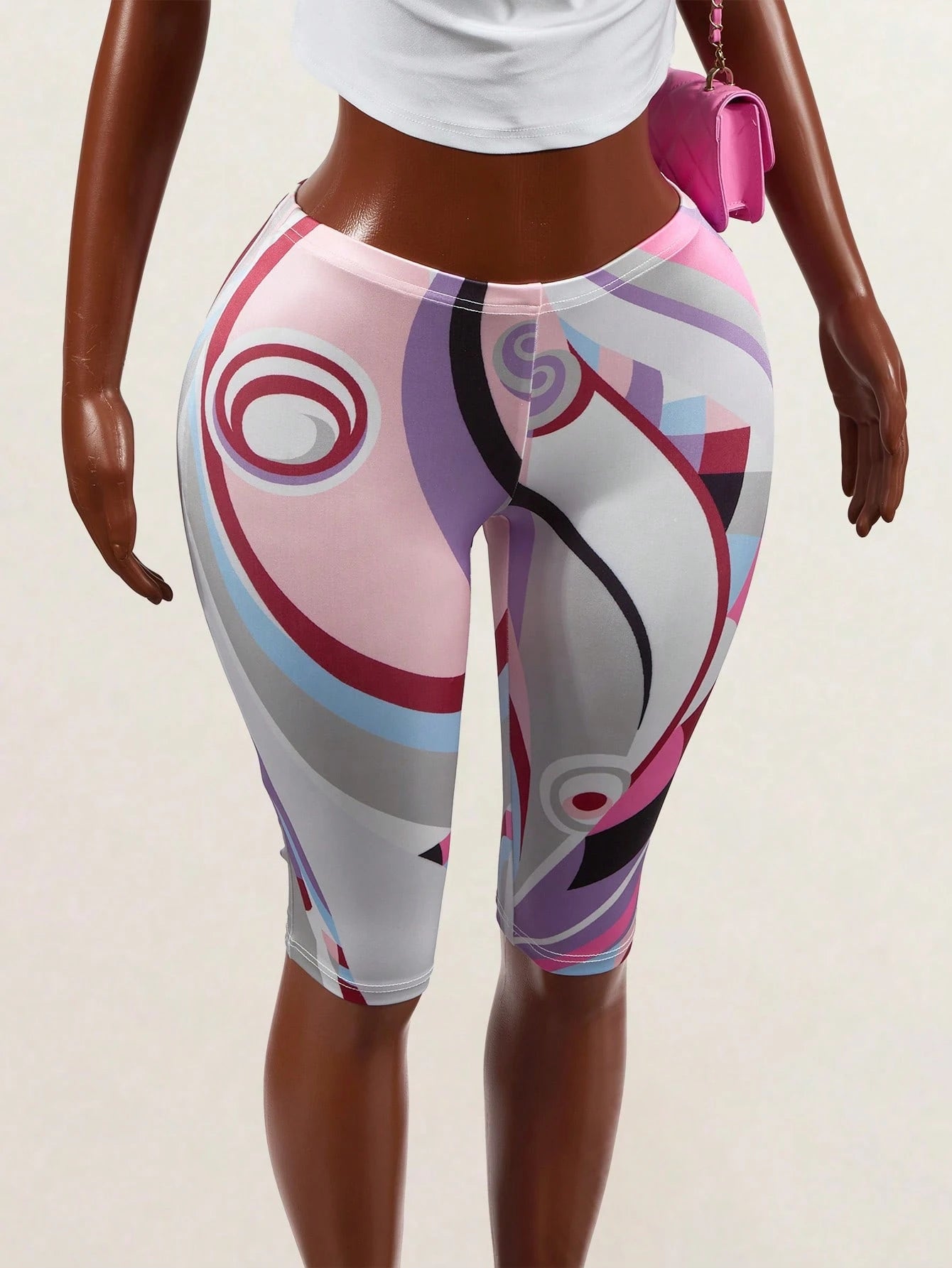 BamGleam Women's Summer Sports Geometric Multi-Color Print Low Waist Elastic Tummy Control Butt Lift Slim Fit Casual Y2k Daily Going Out Capri Pants