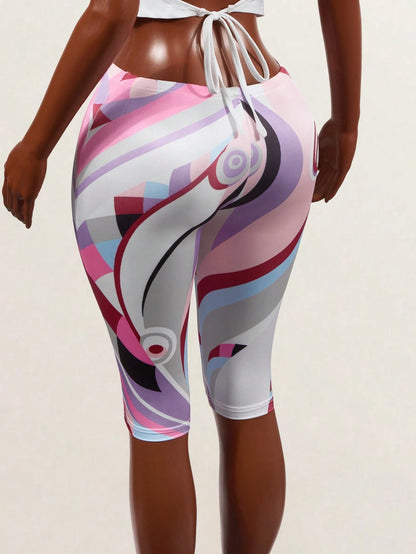BamGleam Women's Summer Sports Geometric Multi-Color Print Low Waist Elastic Tummy Control Butt Lift Slim Fit Casual Y2k Daily Going Out Capri Pants