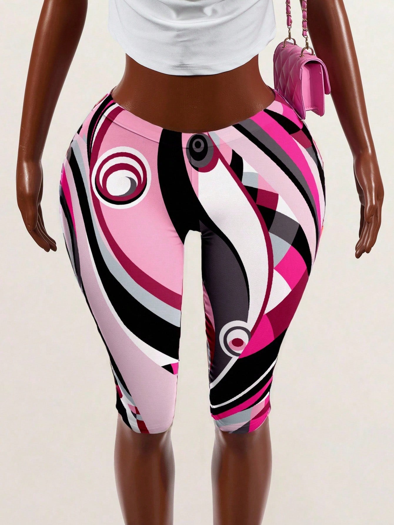 BamGleam Women's Summer Sports Geometric Multi-Color Print Low Waist Elastic Tummy Control Butt Lift Slim Fit Casual Y2k Daily Going Out Capri Pants