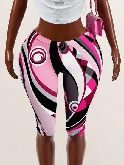 BamGleam Women's Summer Sports Geometric Multi-Color Print Low Waist Elastic Tummy Control Butt Lift Slim Fit Casual Y2k Daily Going Out Capri Pants