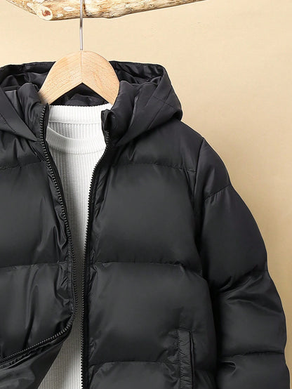 Basic Thickened Hooded Padded Coat For Tween Boys,In Fall/Winter