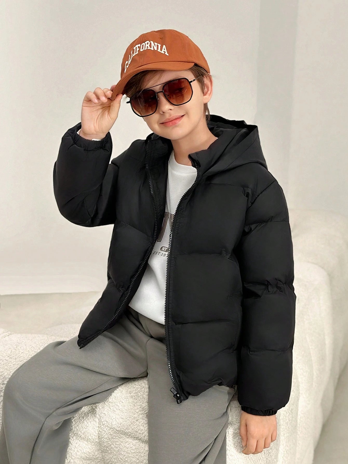 Basic Thickened Hooded Padded Coat For Tween Boys,In Fall/Winter