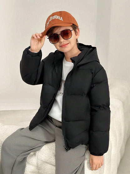 Basic Thickened Hooded Padded Coat For Tween Boys,In Fall/Winter