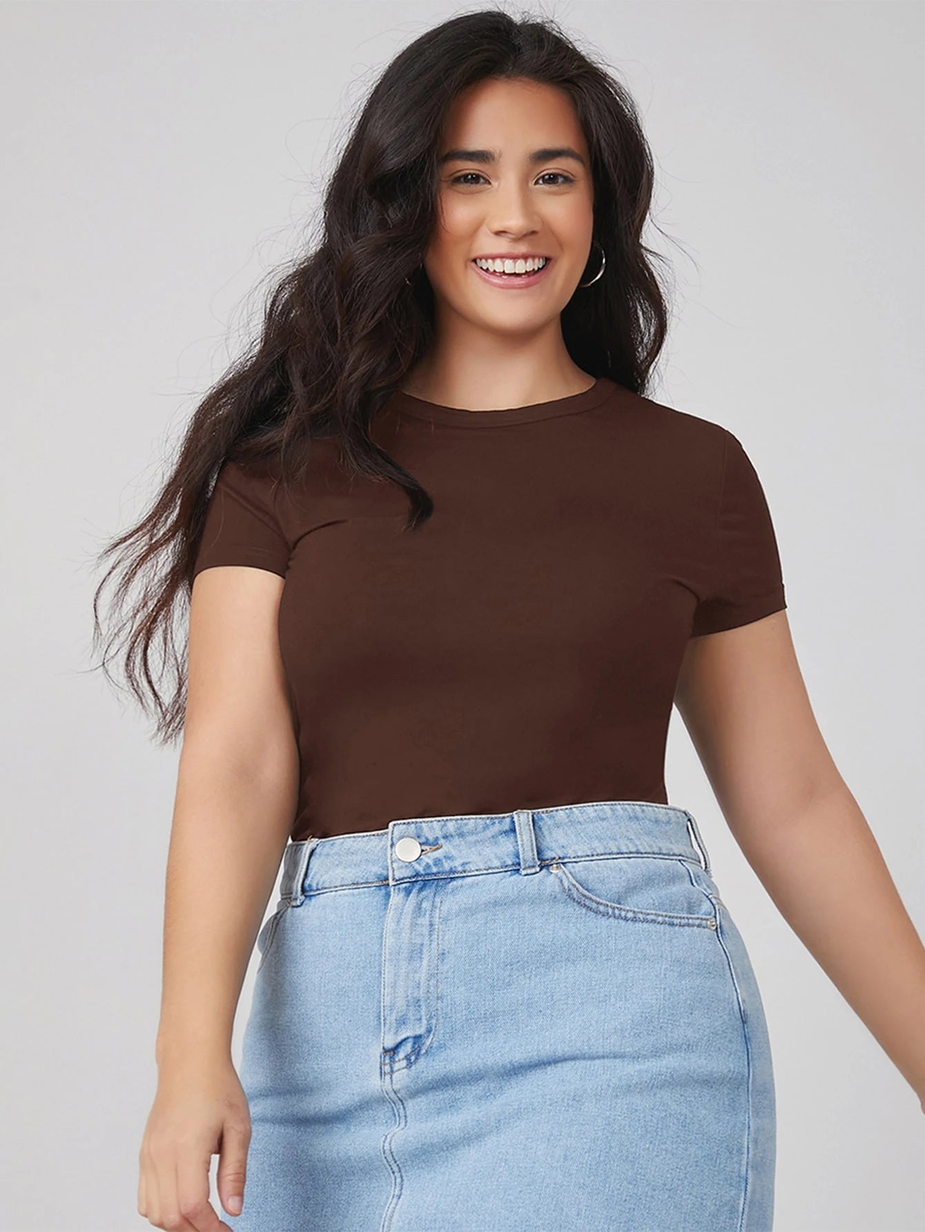 BASICS Plus Round Neck Solid Slim Tee Summer Tops