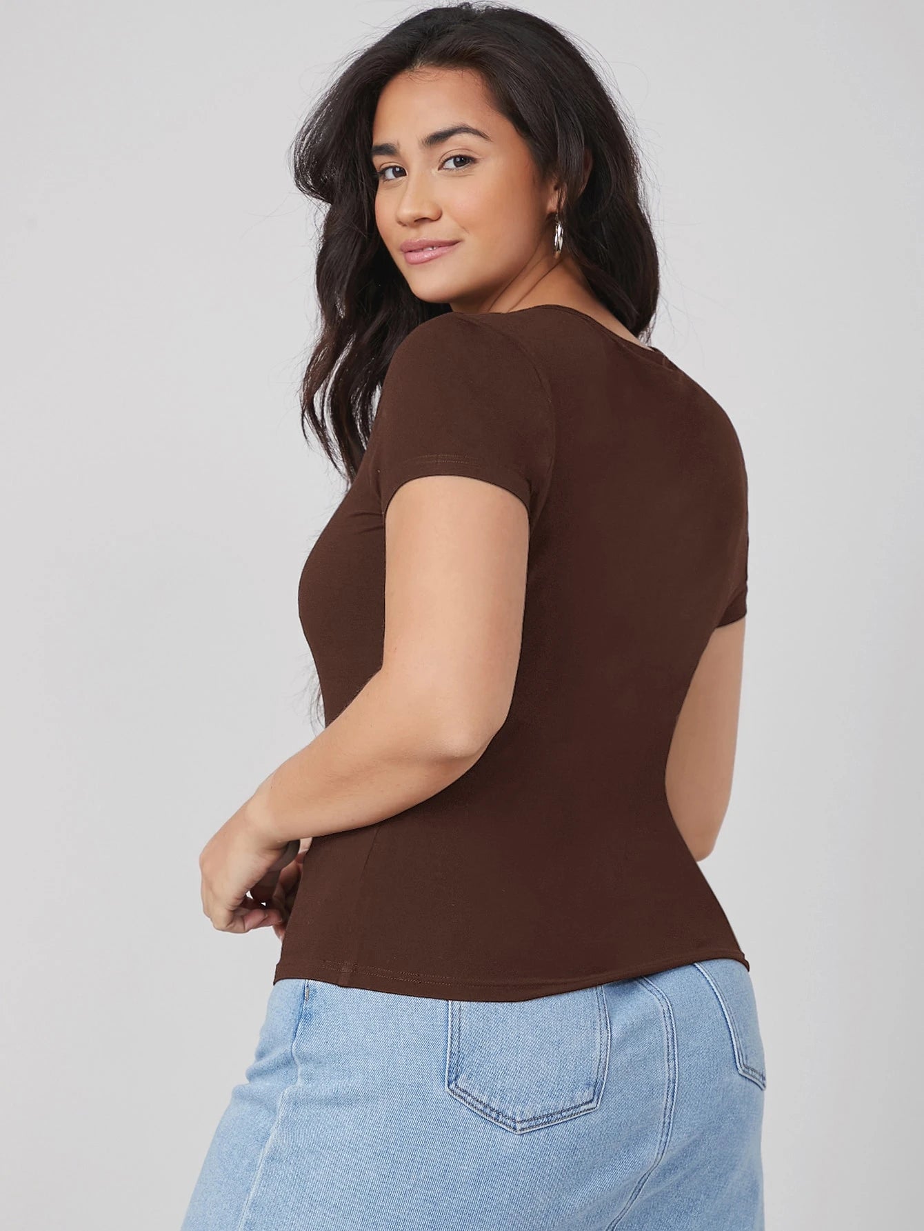 BASICS Plus Round Neck Solid Slim Tee Summer Tops