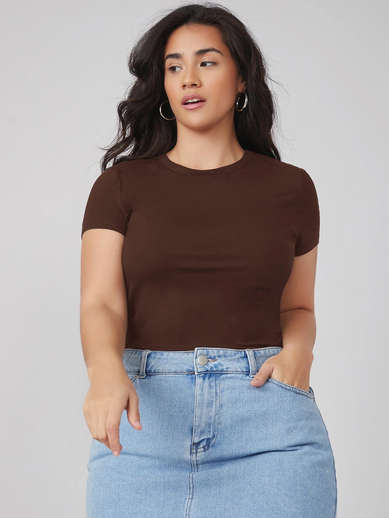 BASICS Plus Round Neck Solid Slim Tee Summer Tops