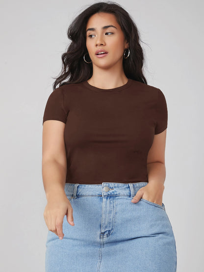 BASICS Plus Round Neck Solid Slim Tee Summer Tops