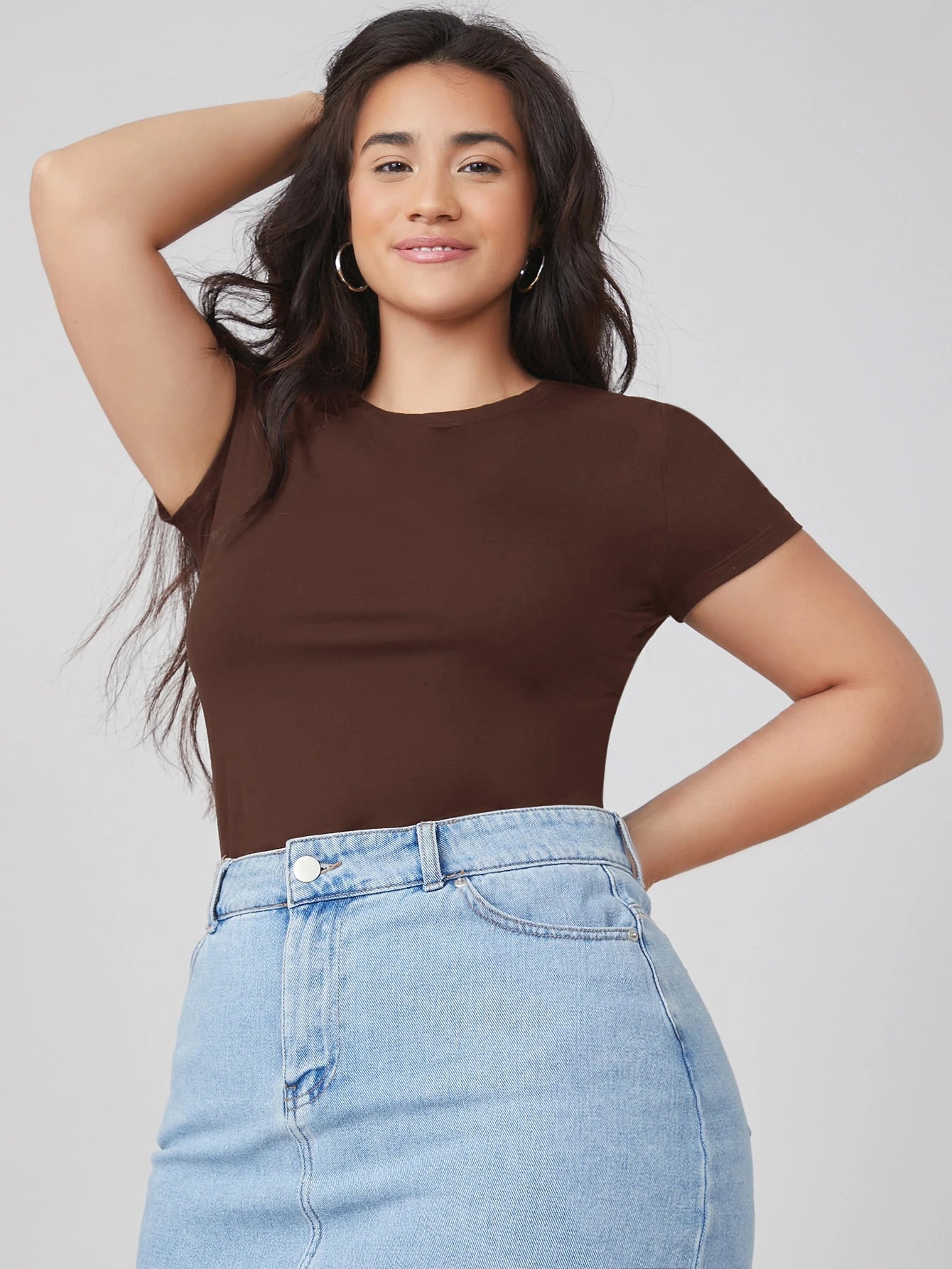 BASICS Plus Round Neck Solid Slim Tee Summer Tops