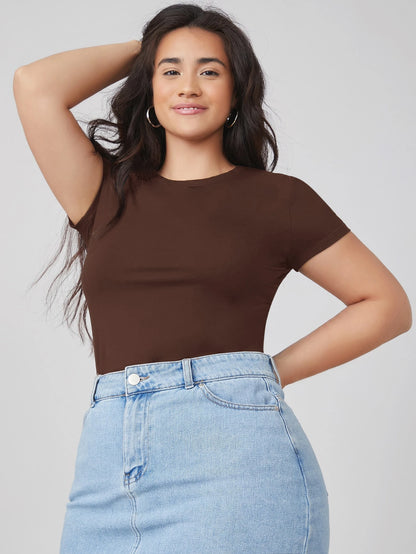 BASICS Plus Round Neck Solid Slim Tee Summer Tops