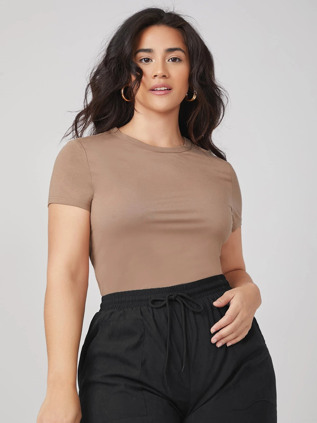 BASICS Plus Round Neck Solid Slim Tee Summer Tops
