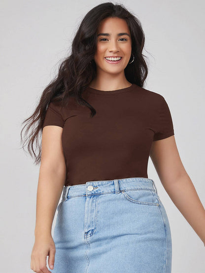 BASICS Plus Round Neck Solid Slim Tee Summer Tops