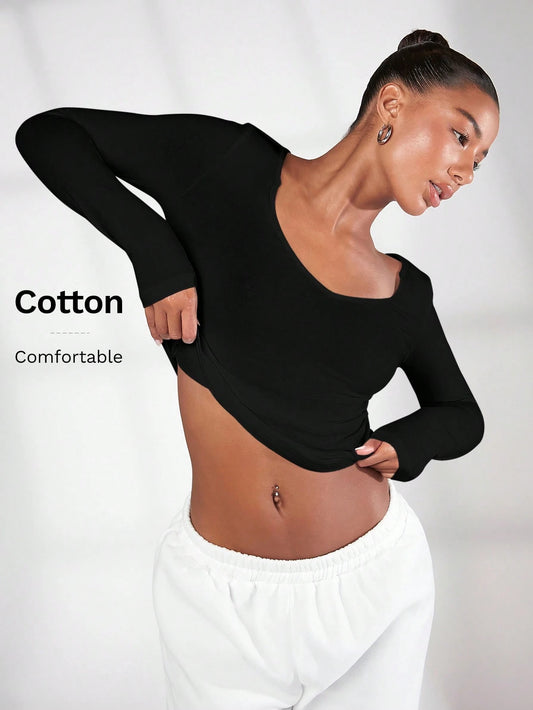 BASICS Standard Size Solid Color V-Neck Regular Long Sleeve T-Shirt, Autumn Top