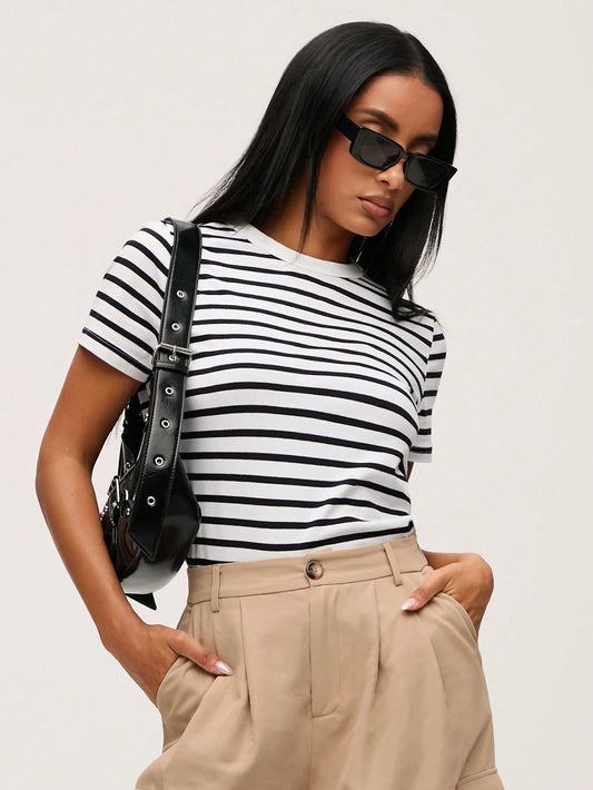 BASICS Summer Casual Striped Print Crew Neck Tee Tops For Women