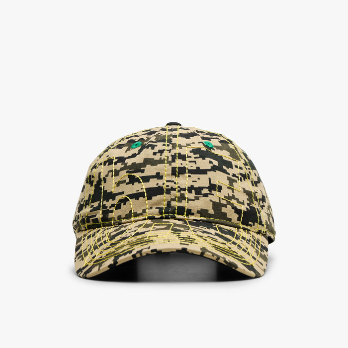 B.eautiful Vapor 6 Panel Hat. Front view of Mojave digicamo and yellow cap with curved brim and embroidered b.E front logo.