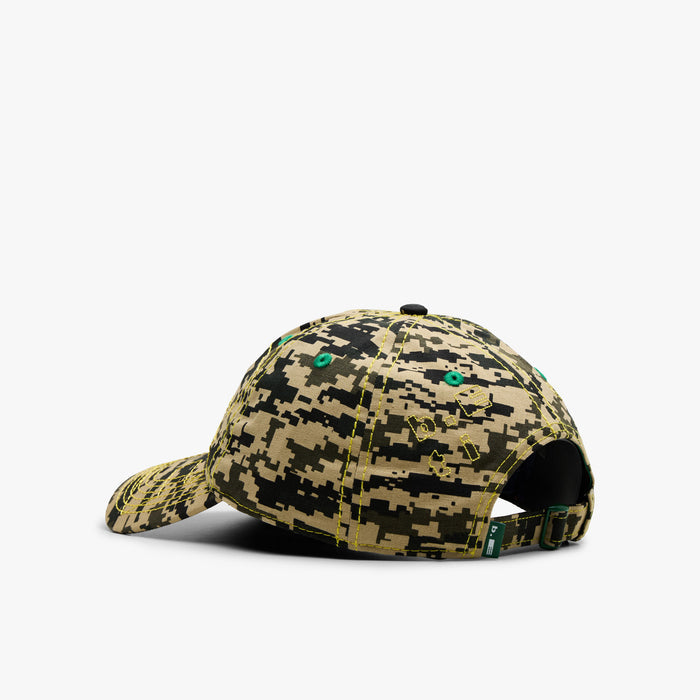 B.eautiful Vapor 6 Panel Hat. Rear three-quarter view of Mojave digicamo and yellow cap with adjustable back strap and embroidered b.E t i lettering.