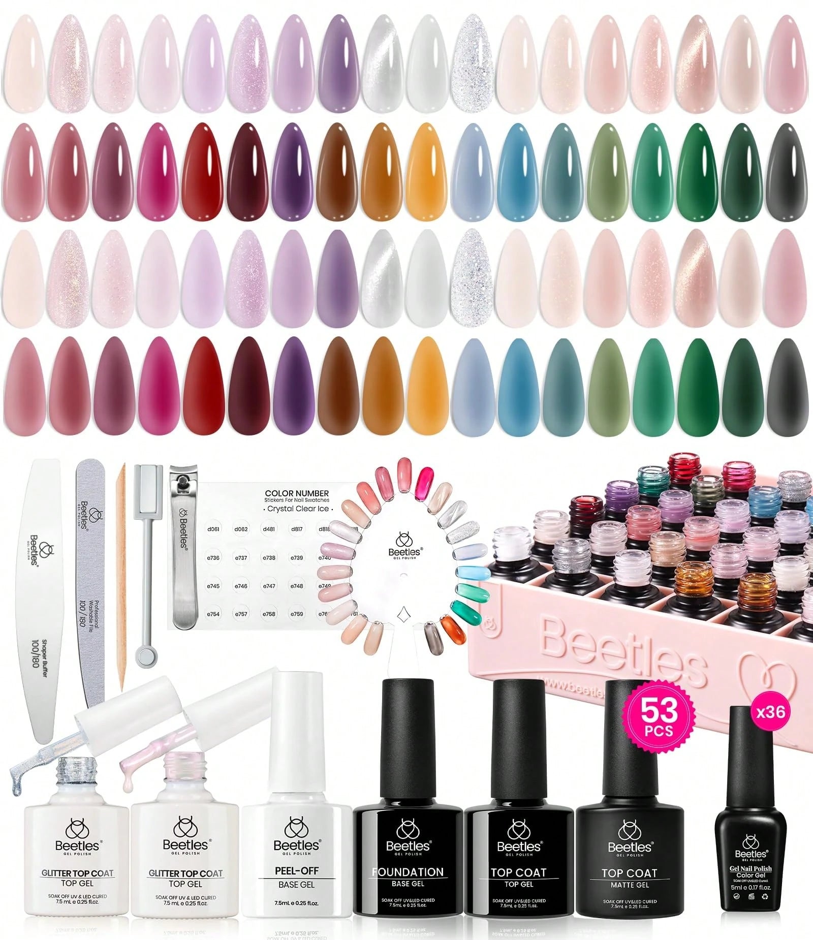 Beetles 36 Colors Gel Nail Polish Set, Pastel Jelly Pink Purple White Green Glitter Gel Kit With Base & Top Coat, Nail Tools, Soak Off UV Nail Art, Salon DIY Manicure Gift For Women