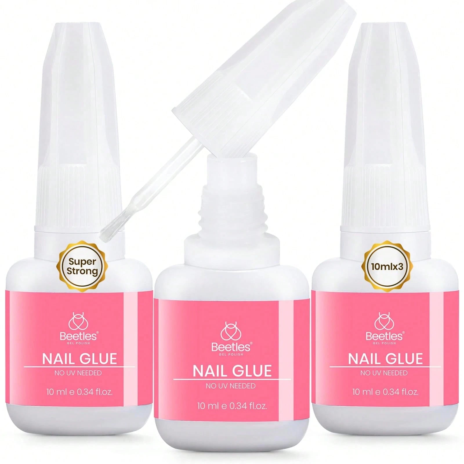 Beetles 3Pcs 10ML Super Strong Nail Glue For Press On Nails, Brush-On Glue For Acrylic Nails & Nail Tips, Quick-Dry, No UV Lamp Needed