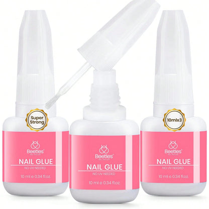 Beetles 3Pcs 10ML Super Strong Nail Glue For Press On Nails, Brush-On Glue For Acrylic Nails & Nail Tips, Quick-Dry, No UV Lamp Needed