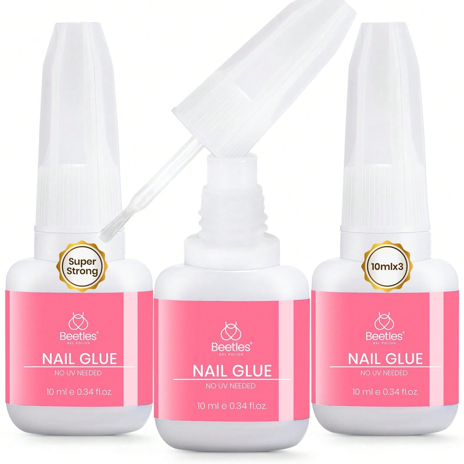 Beetles 3Pcs 10ML Super Strong Nail Glue For Press On Nails, Brush-On Glue For Acrylic Nails & Nail Tips, Quick-Dry, No UV Lamp Needed