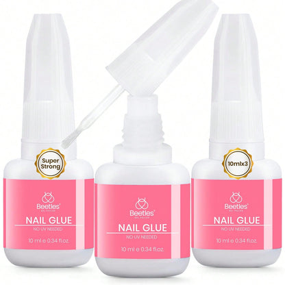 Beetles 3Pcs 10ML Super Strong Nail Glue For Press On Nails, Brush-On Glue For Acrylic Nails & Nail Tips, Quick-Dry, No UV Lamp Needed
