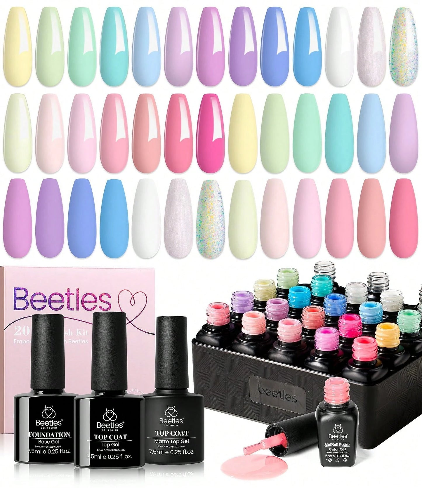 Beetles Spring Gel Polish Set- Fingertip Palette, 32 Colors Valentines Polish Set With Base Top Coat