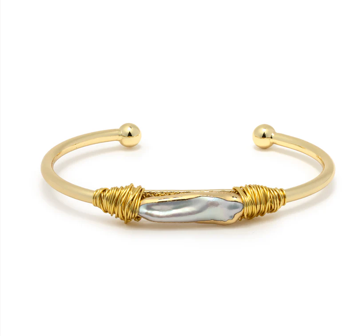 Belle Gold Cuff w/Horizontal Wrapped Pearl