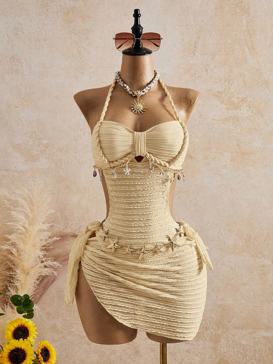 Bellisia 26SS Spring/Summer Vacation Apricot Vintage Square Neck Slimming Braided Rope Starfish Shell Square Neck One-Piece Top And Skirt Swimsuit 2-Piece Set